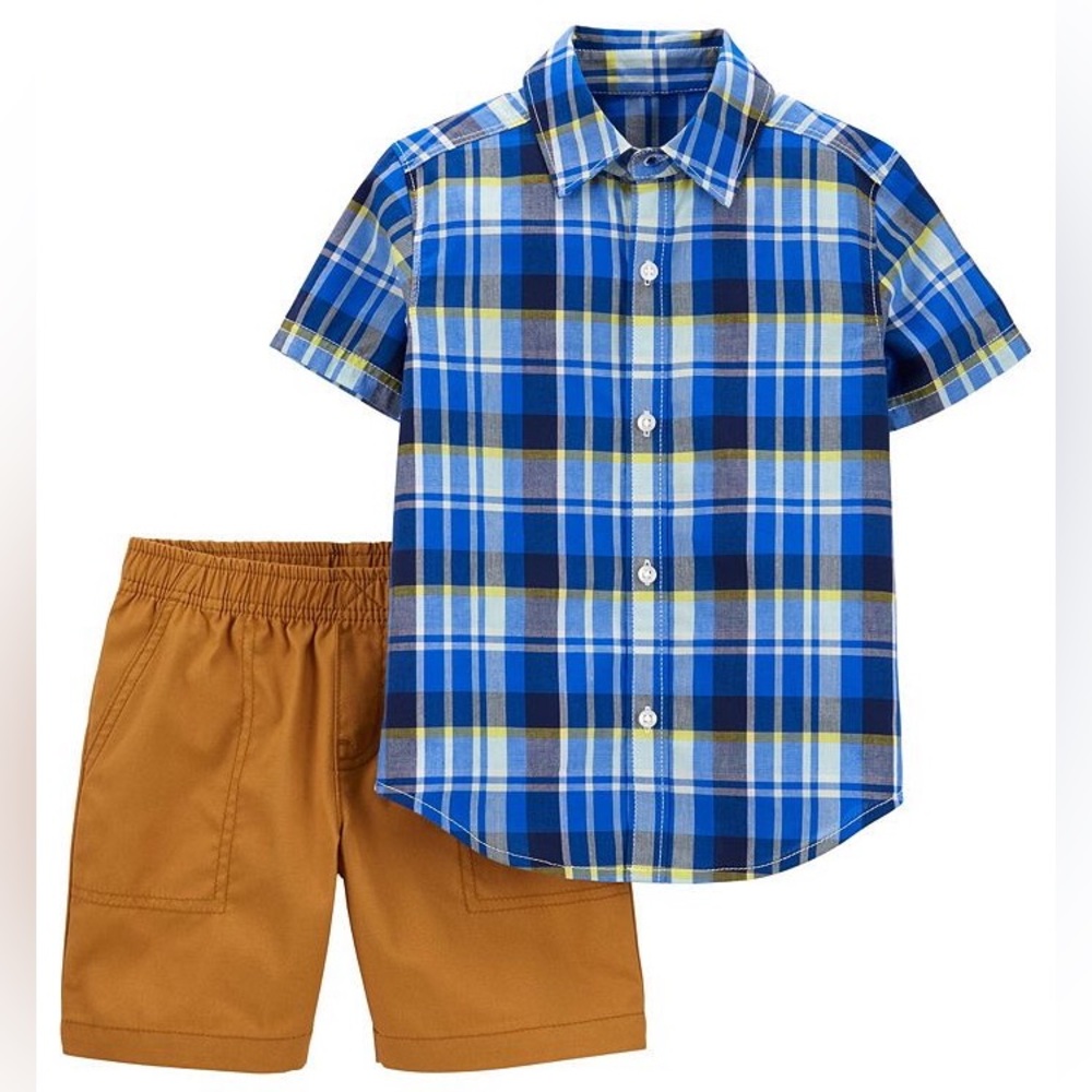 NWT 3 month Carter’s blue & gold button down with khaki shorts